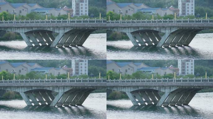 4k小城县城的大桥车辆行人与河流水面生活