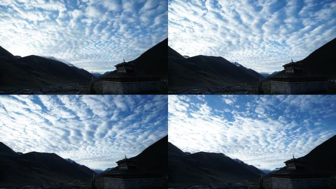 俯拍梭坡藏寨清晨 寺庙 走云