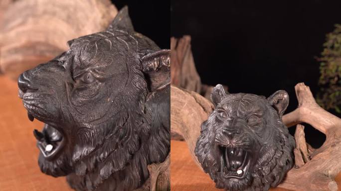 狮头木头木雕雕刻木座特写展示工艺品摆件