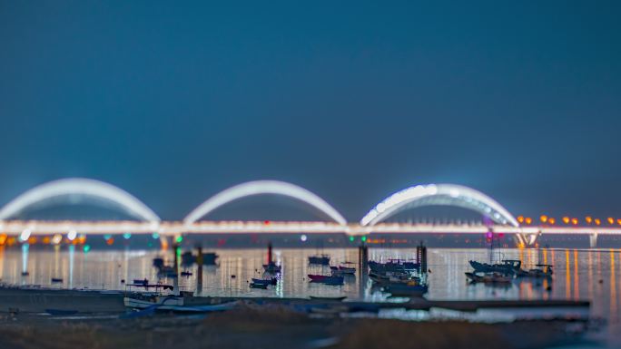 城市大桥小船夜景微缩移轴延时