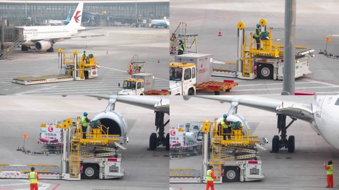 机场，飞机起飞前，工作人员为飞机加油检查