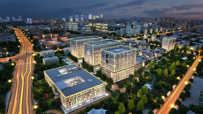 鸟瞰产业园夜景区位三维素材