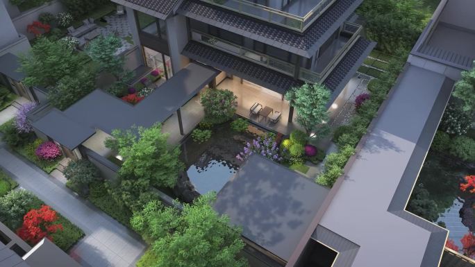 鸟瞰新中式别墅园林景观三维动画