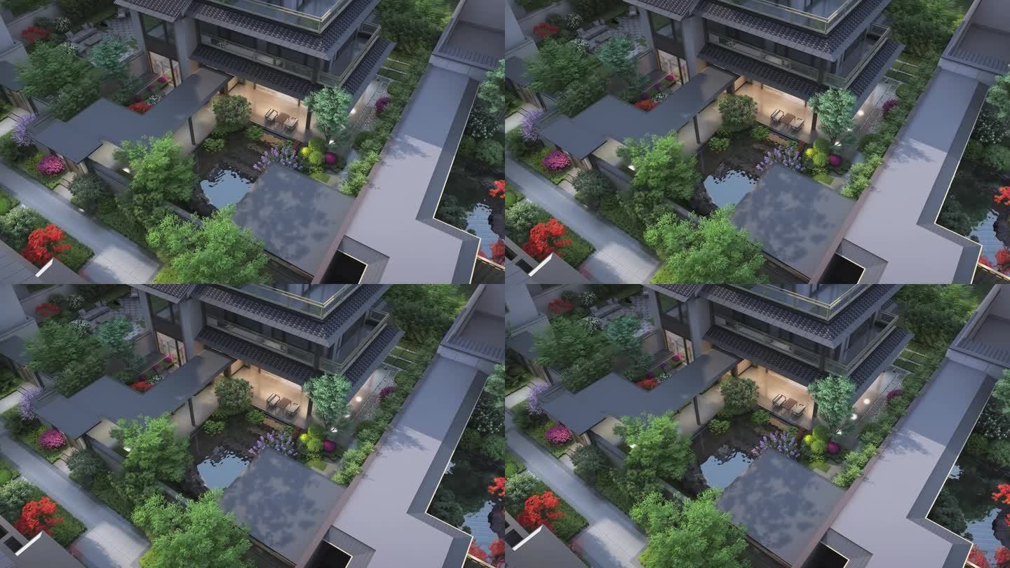 鸟瞰新中式别墅园林景观三维动画