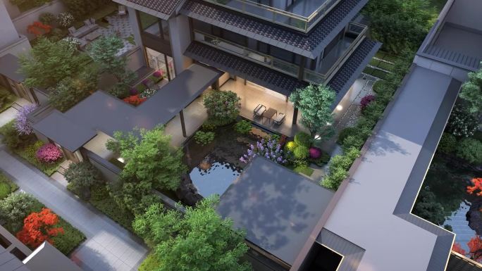 俯瞰新中式庭院景观三维素材
