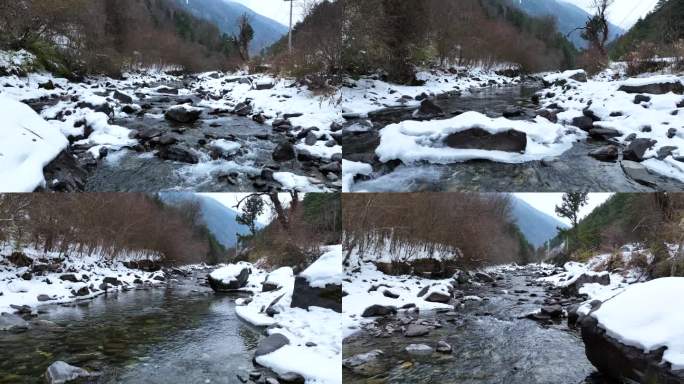 冬天郊外的小溪溪流4K航拍