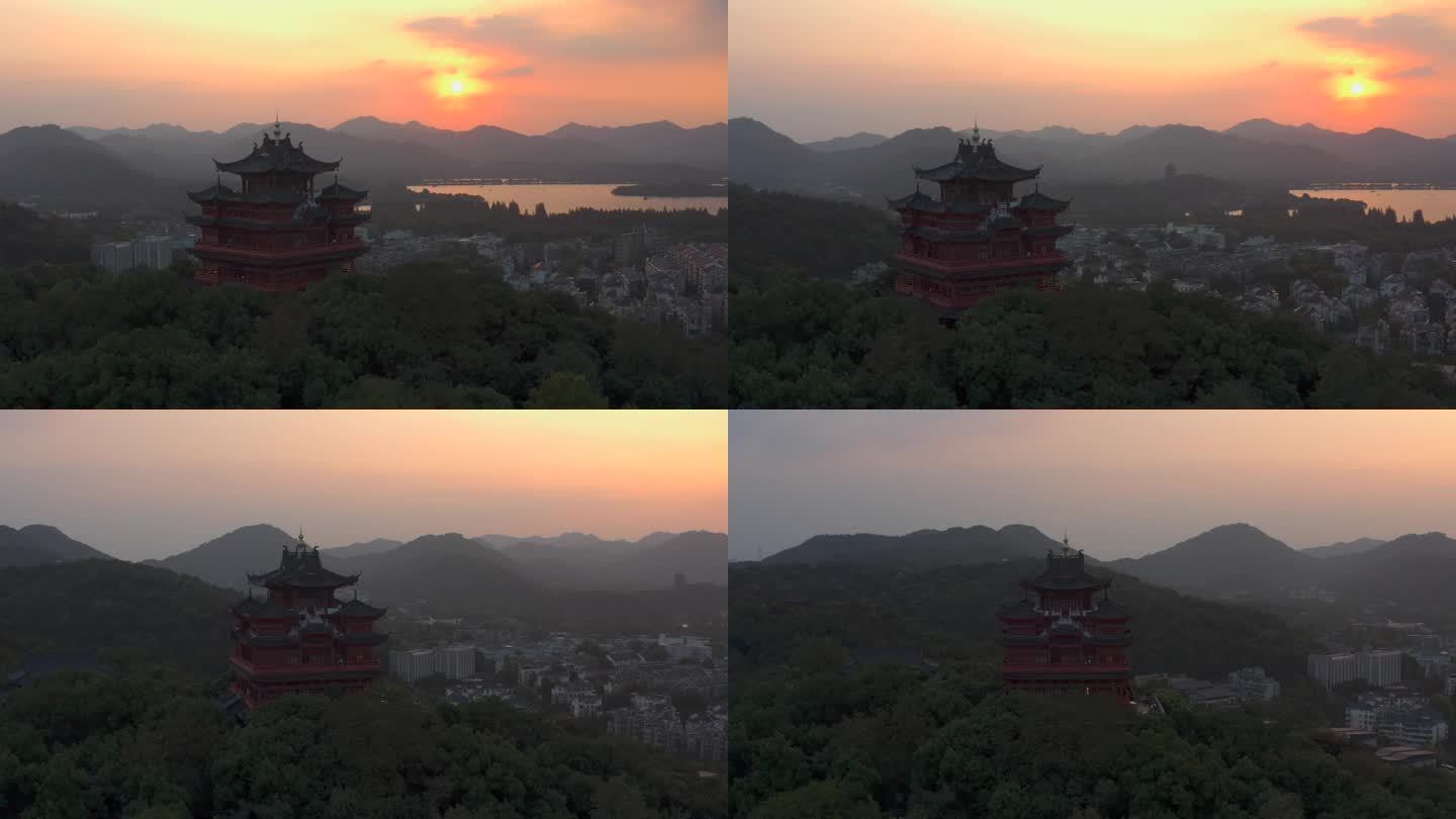 4k航拍杭州西湖夕阳下的城隍阁