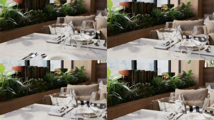 桌椅 卡座 餐厅 三维 室内 阳光 植物