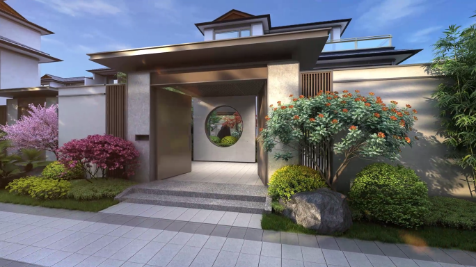 新中式别墅园林景观步道漫游