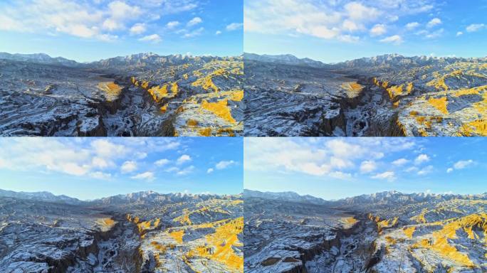 冬天祁连山金色霞光照在山谷雪景