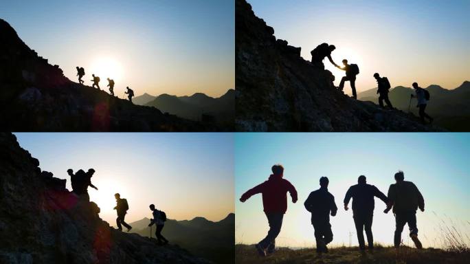 手拉手成功登顶团队登山精神攀登顶峰眺望