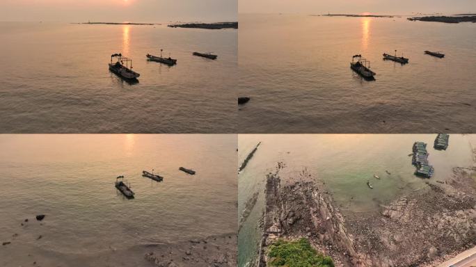 全景夕阳海景渔船
