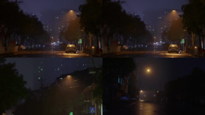 雨夜空荡荡的街道路灯