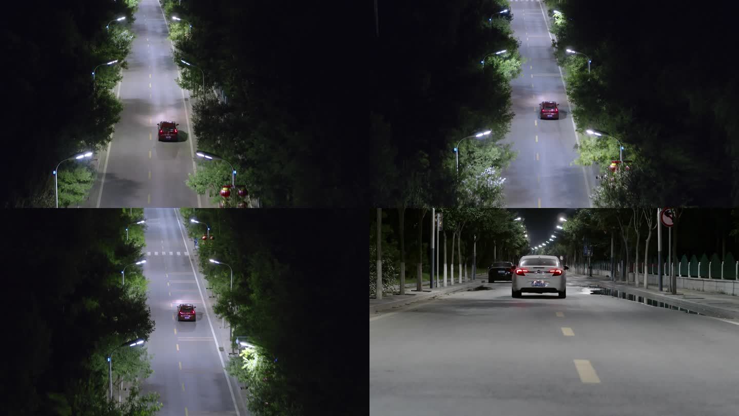 汽车在乡村道路上行驶夜景航拍