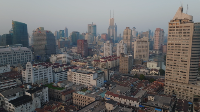 上海城市高楼日出航拍log灰度4k素材