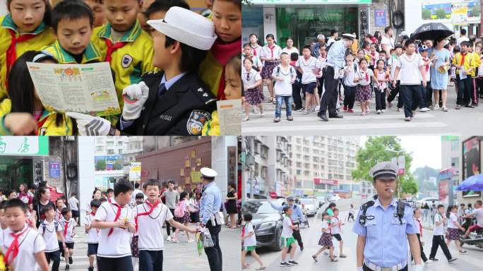 交通安全课 交警指挥  学生过斑马线