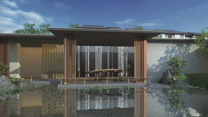 新中式别墅园林水景动画漫游