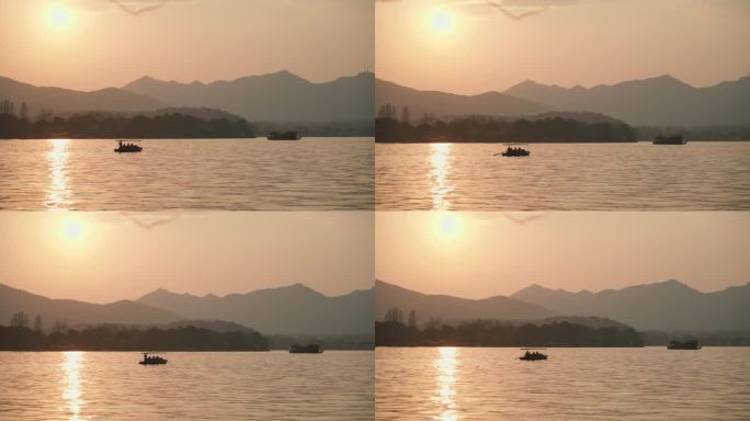 杭州西湖 夕阳 日落 风景 4k 船