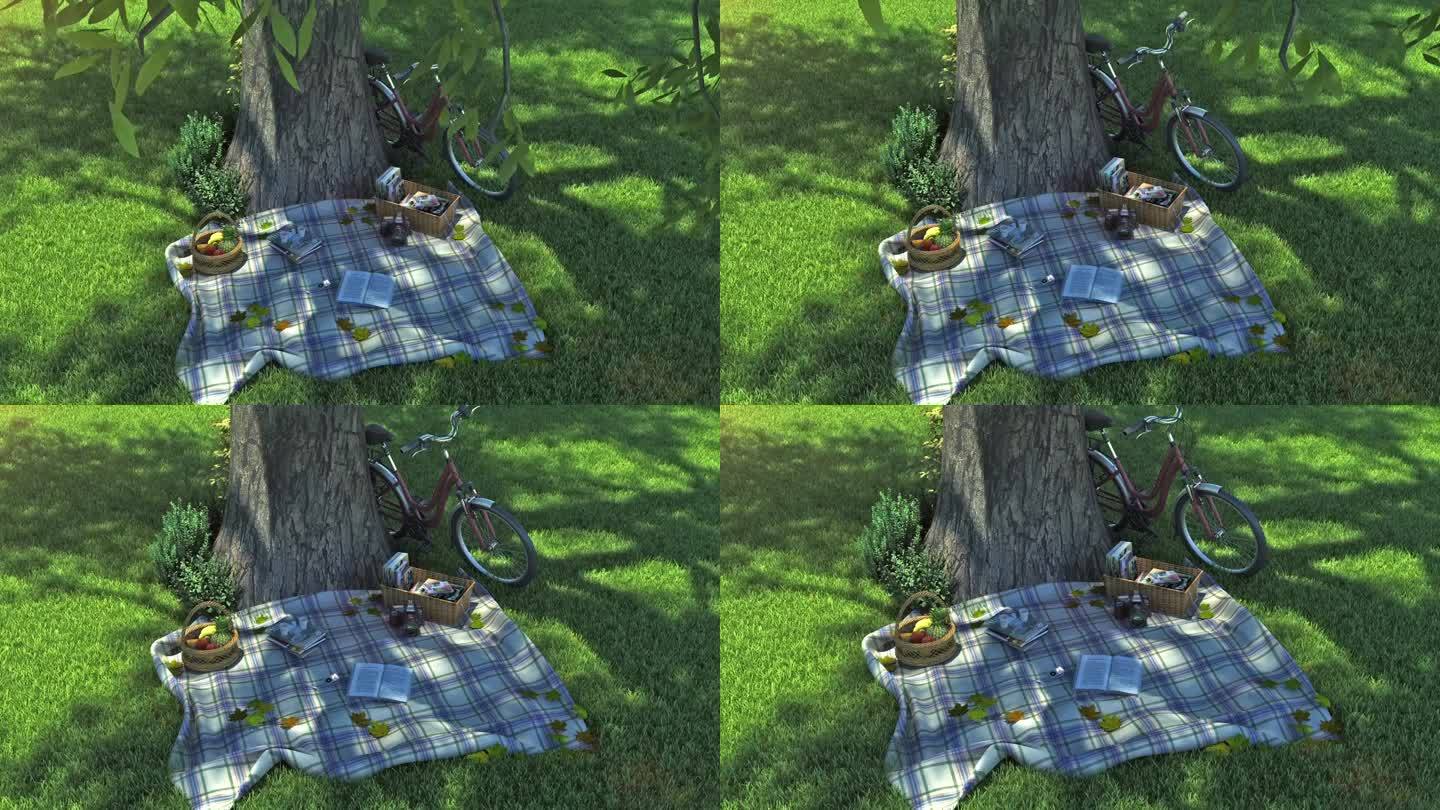 现代公园草坪野餐三维动画