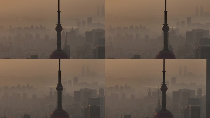 上海陆家嘴日出航拍长焦4k素材