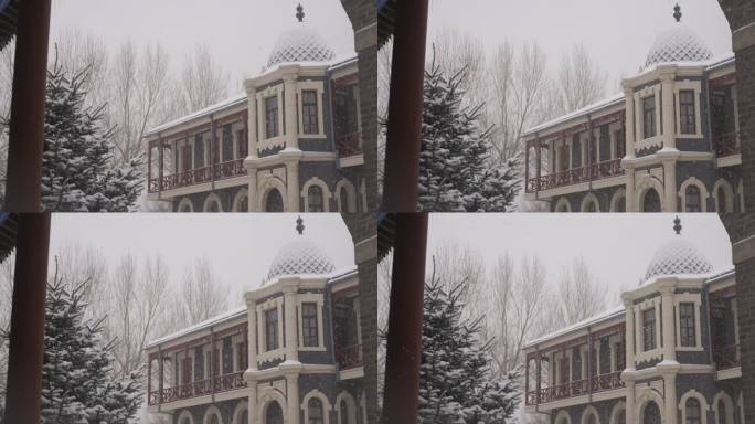 城市伪满皇宫冬季飘雪雪景下雪4k