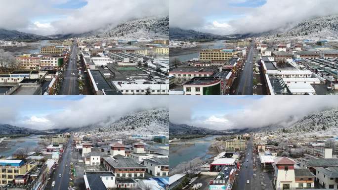 航拍拉萨市区冬天雪景