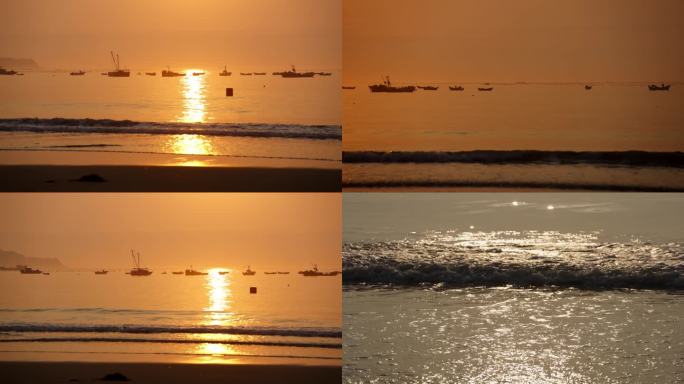 海边日出太阳光倒影渔船海浪