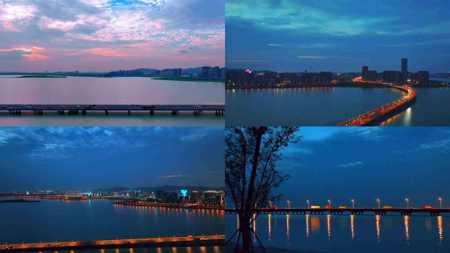 苏州湾大桥日转夜航拍