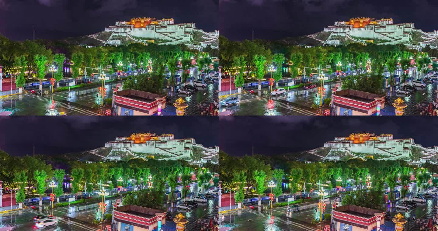 4K西藏拉萨布达拉宫夜景车流延时摄影
