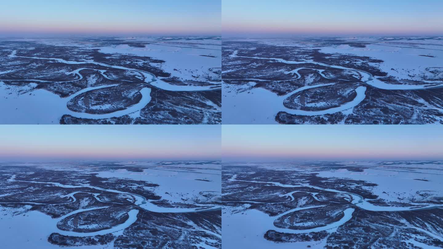 航拍内蒙冰雪覆盖的海拉尔河
