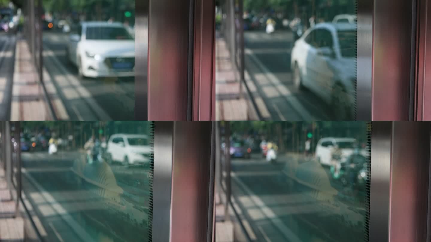 公交车站牌镜像反光车流原素材