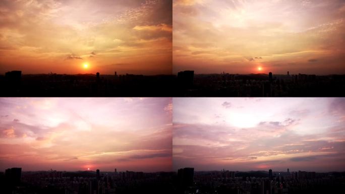 城市日落的航拍延时摄影