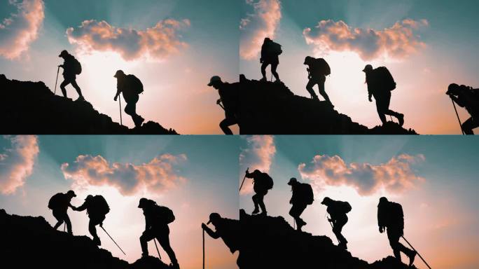 意境登山团队登山探险家团队手拉手登山攀岩