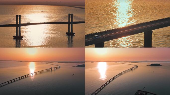 广东汕头南澳大桥唯美日落风光航拍