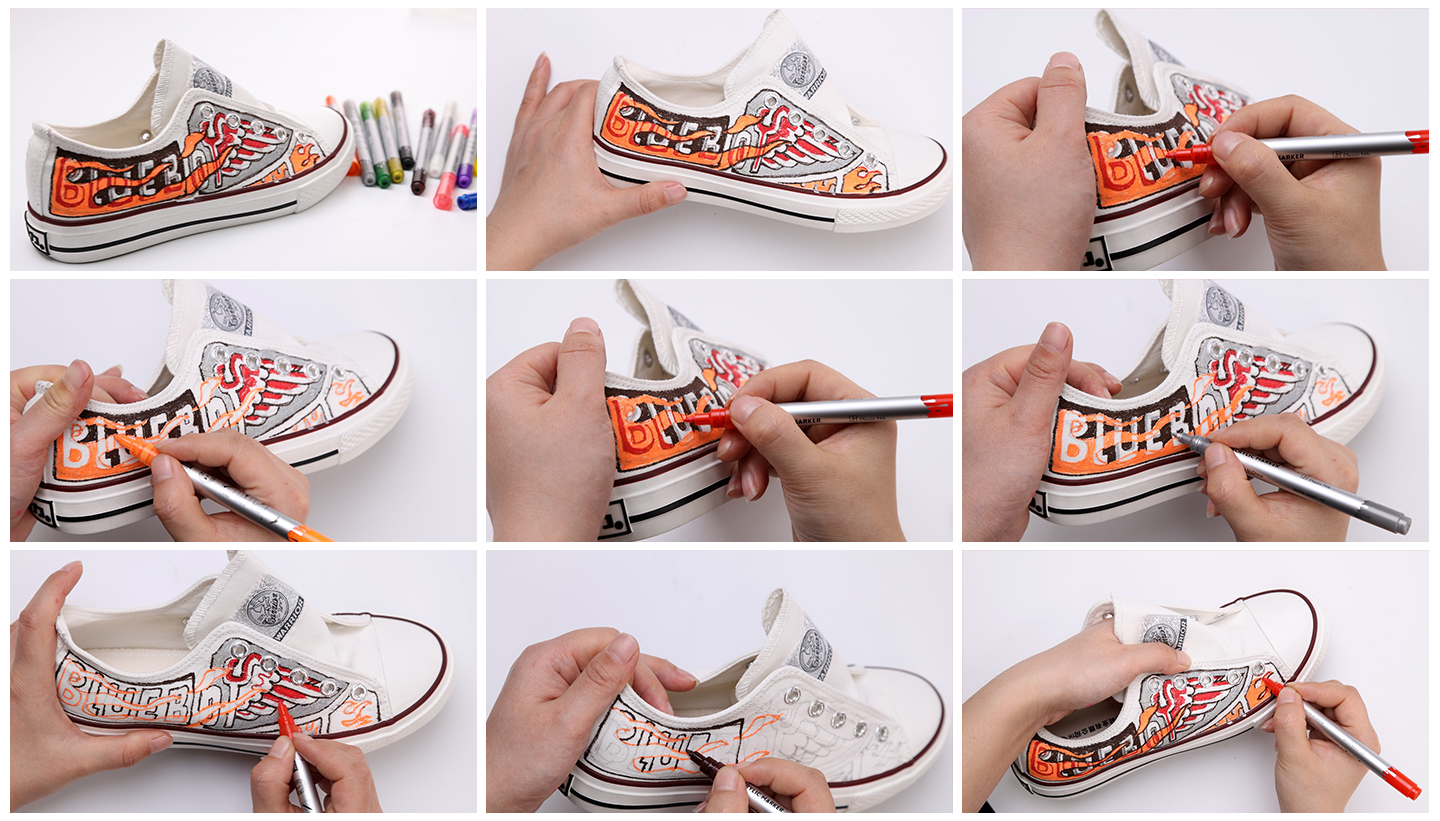 插画师用马克笔画画在鞋子上 画师画画