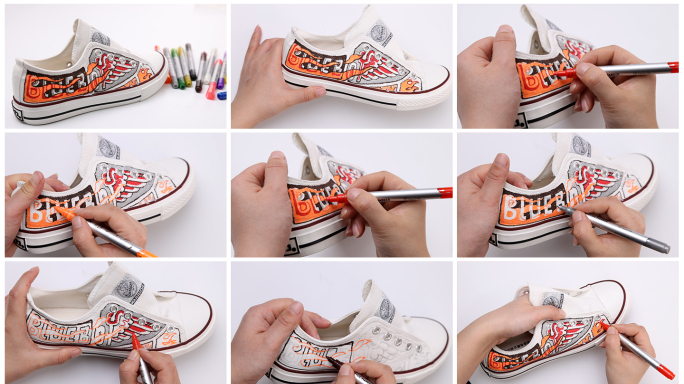插画师用马克笔画画在鞋子上 画师画画