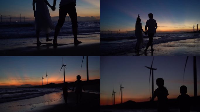 情侣在夕阳的海边漫步沙滩奔跑孩子玩耍