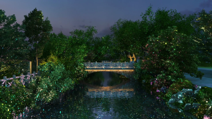 水上小桥灯光带夜景三维动画