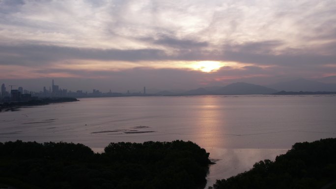 深圳湾日出 航拍大景 海面 城市 香港