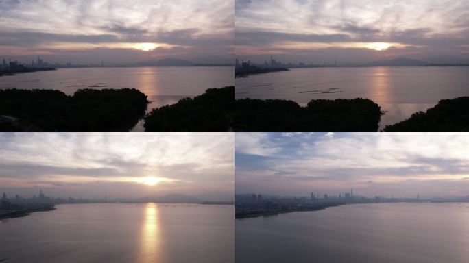 深圳湾日出 航拍大景 海面 城市 香港