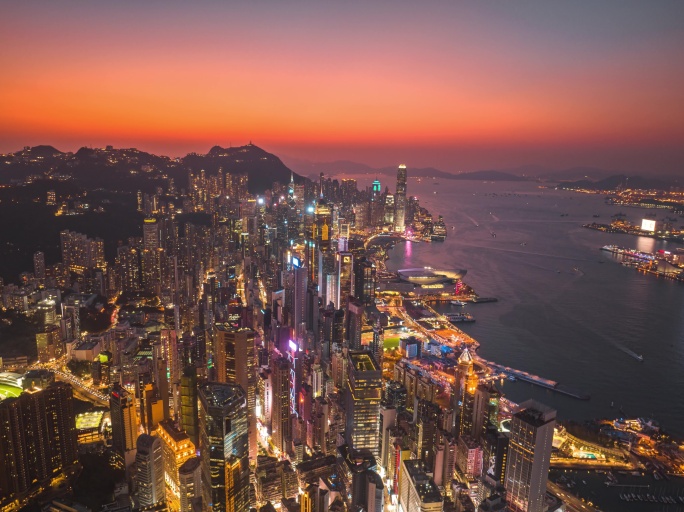 【4K正版】航拍香港岛日落-灯光亮起延时