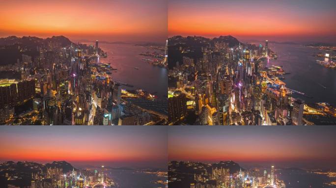 【4K正版】航拍香港岛日落-灯光亮起延时