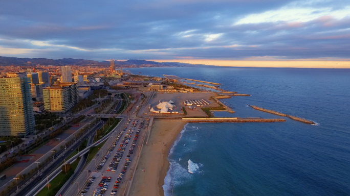 西班牙 巴塞罗那航拍 沿海建筑 城市风貌