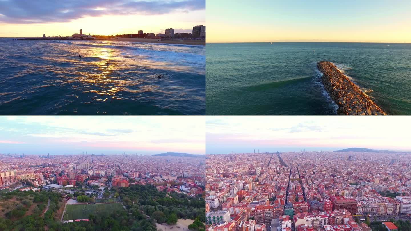 西班牙 巴塞罗那航拍 沿海建筑 城市风貌
