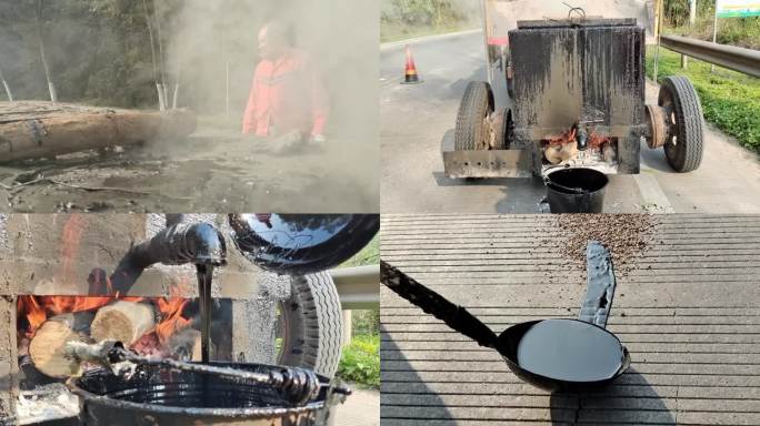 工人柏油沥青烧燃溶化液修补路面全过程