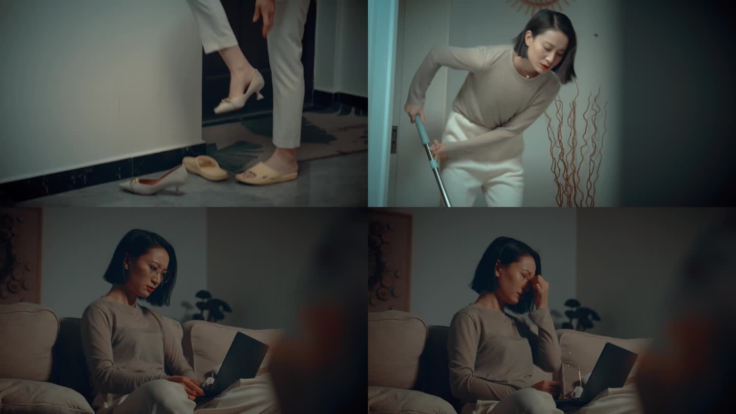 职场女性深夜回家加班工作颈椎疼疲惫做家务