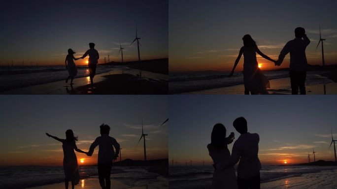 情侣在夕阳的海边奔跑