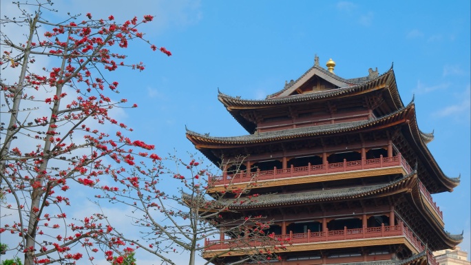 中式传统古建筑屋檐 木棉花