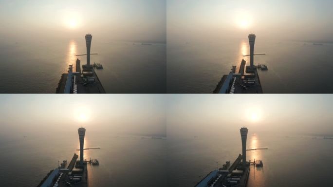 上海宝山国际邮轮码头日出逆光指挥塔航拍