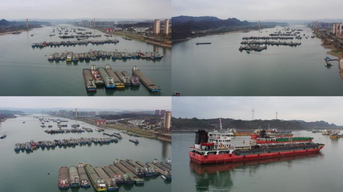 航拍长江上的船货船过船闸油船货轮水运商船